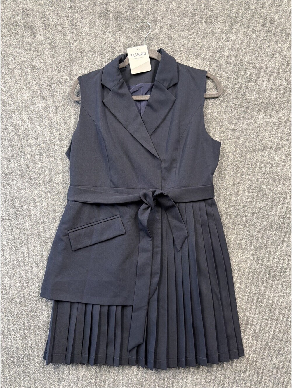NWT  Commense  Navy Blue Belted Pleated Sleeveless Blazer Mini Dress Sz L - Picture 2 of 13